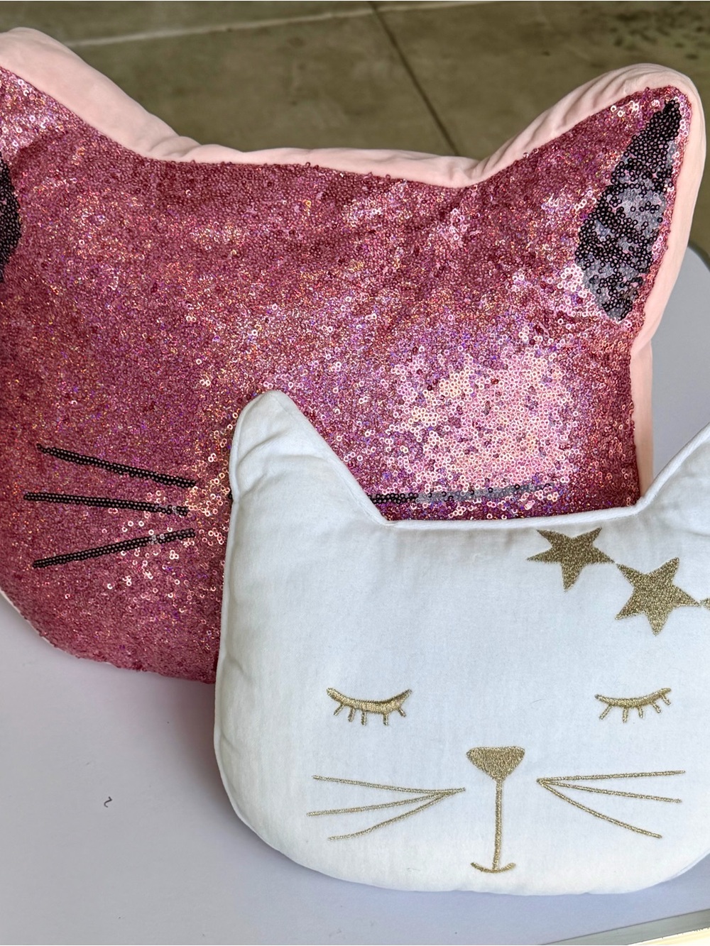 Sequin Pink Cat Pillow & White Gold Accent Cat Pillow